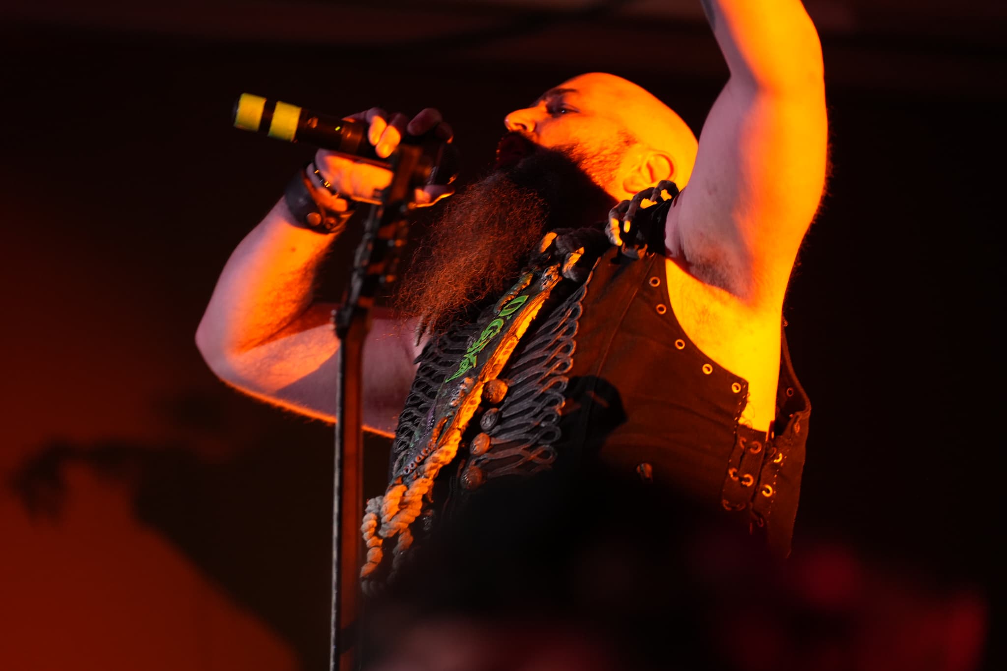 A bearded man passionately singing into a microphone on stage, wearing a sleeveless outfit and various accessories, with one arm raised